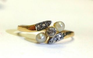 Sweet 18k Gold Antique Edwardian Diamond And Pearl Bypass Ring Size 3.  5