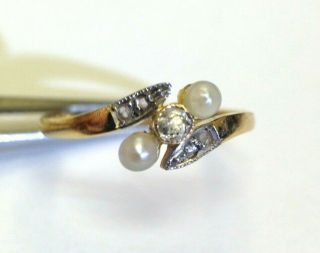 Sweet 18K Gold Antique Edwardian Diamond and Pearl Bypass Ring Size 3.  5 2