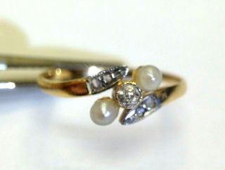 Sweet 18K Gold Antique Edwardian Diamond and Pearl Bypass Ring Size 3.  5 3