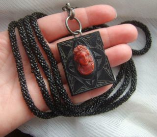 Victorian Whitby Jet Coral Cameo Large Book Pendant 60 " Mourning Hair Muff Chain