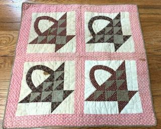 Early C 1850 - 60s Basket Doll Quilt Antique Browns