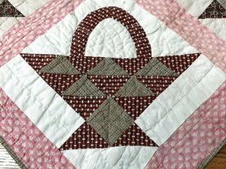 Early c 1850 - 60s Basket DOLL Quilt Antique Browns 2