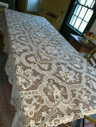 Antique Point De Venise Needle Lace Banquet Tablecloth Figural,  Floral Designs