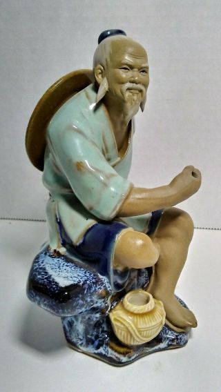 Vintage Shiwan Artistic Ceramic Factory Mudman Chinese Fisherman Figurine 2