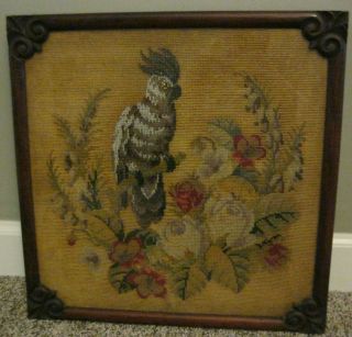 Antique Victorian Fire Screen Cockatoo Roses Beadwork Needlepoint Framed Glass