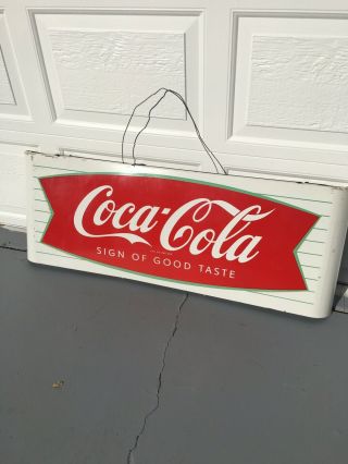 Vintage C.  1960 Coca Cola Fishtail Soda Pop Gas Oil 44 " Porcelain Metal Sled Sign