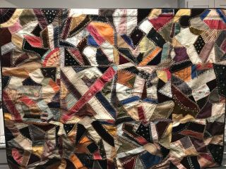 Antique Victorian Crazy Quilt 1890’s Hand Stitched Embroidered 75x54 Wall Hang
