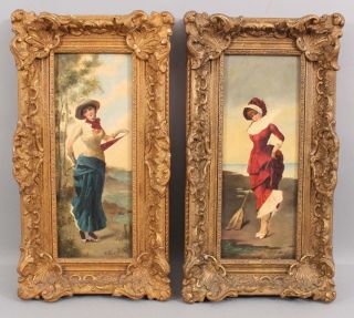 Pair Signed Antique 19thc French Victorian Women Genre Portrait Oil Paintings Nr