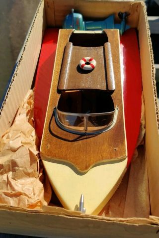 Vintage 1950s T.  Y.  M Japan 11 " Toy Wooden Hydroplane With Famus Outboard Motor