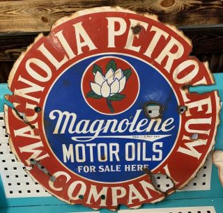 Vtg.  30” Magnolia Petroleum Co.  Magnolene Motor Oils Double Sided Porcelain Sign 2