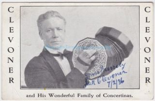 Music Hall,  Variety Concertina Player Jack Clevoner.  Signed Postcard Dated 1936