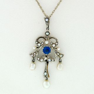 Antique Edwardian 14k Gold & Platinum Nat Sapphire Pearl Dangle Pendant Necklace