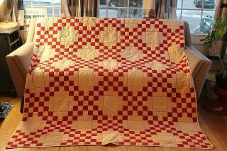 Vintage Cotton Home Machine Zig Zag Quilted Red & White Quilt 69 By 80