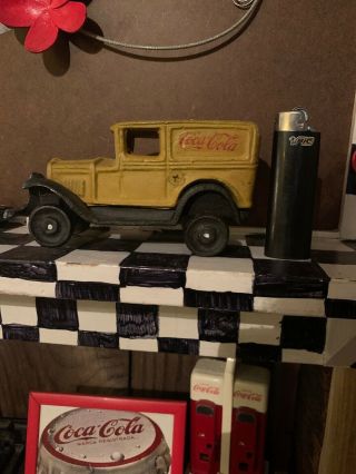 Vintage Yellow Coca Cola Cast Iron Metal Toy Car 3