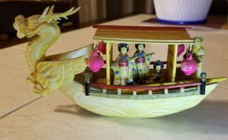 Vintage Chinese Dragon Boat W/ Lanterns Female Passengers 7 Inches Long