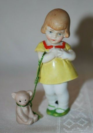 Antique Hertwig German Bisque Dollhouse Doll With Leashed Pet Girl With Bear Ec