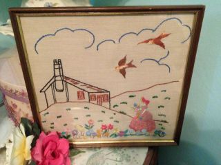 Vintage Hand Embroidered Picture Crinoline Lady Flowers & Birds