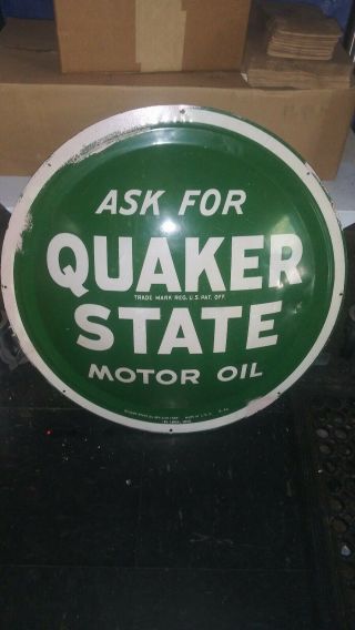 Vintage Quaker State Motor Oil Convex Button Dome Sign 24” G - 54 Service Station