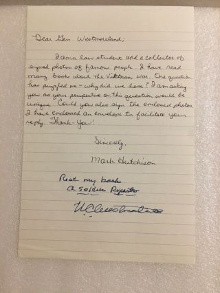 William Westmoreland Signed Page Re: Why Did We Lose? Vietnam War General