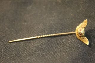 Antique Victorian 14kt Gold Ruby Eye Owl Head & Wings Stick Pin 1.  4g 2 1/8 " Long