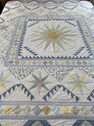 Vintage Hand Crafted & Quilted Blue & Yellow Mariners Compass Star Quilt 86 X 84