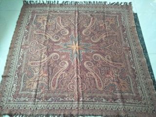 Antique French Paisley Kashmir Square Piano Shawl Wool Size58 " X56 " Table Cloth