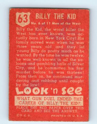 63 BILLY THE KID Vintage 1952 TOPPS LOOK ' N SEE Trading Card 2
