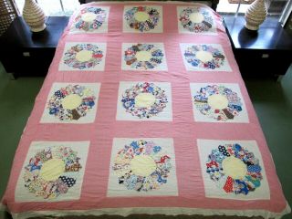 Vintage Feed Sack Hand Sewn Applique Dresden Plate Quilt Top; 81 " X 68 " ;