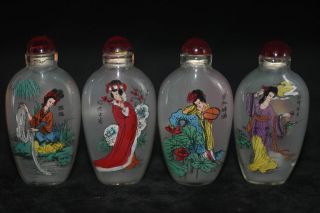 4pc Chinese Folk Inside Painted “four Beauties Fig” Glass Snuff Bott