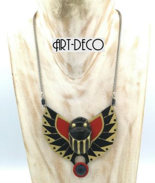 Stunning Vintage Carved Galalith Egyptian Revival Winged Scarab Necklace