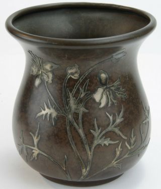 Heintz Sterling - On - Bronze Flared Rim Vase With Stylized Foliate Overlay