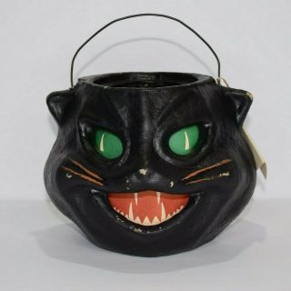 Vintage Halloween Black Cat Paper Mache Jol Pumpkin Lantern 1997 Dbh