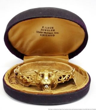 Art Nouveau 1912 14k Yellow Gold Diamond Lion Bangle Bracelet Box Big Wrist