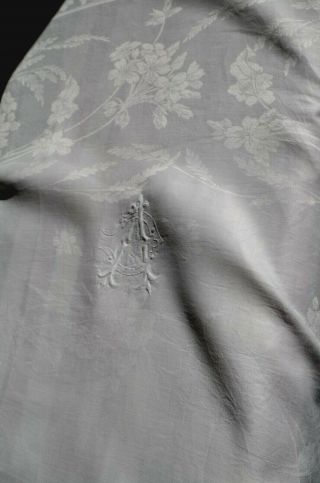 Antique French Pure Linen Damask Table Cloth 114 " X 83 " Cv Embroidered Monograms