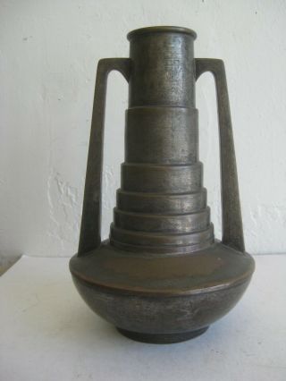 Antique Art Deco Bronze Brass Stepped Skyscraper Streamline Vase W/handles 9.  75 "