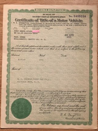 1923 Ford Model T Coupe Certificate Of Title North Carolina Reg Historic Only