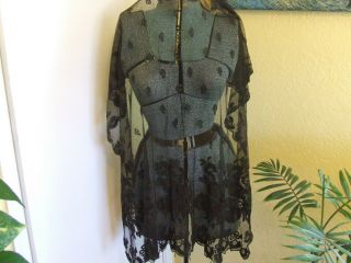 Victorian Antique Black Bobbin Lace Mourning Scarf Dress Panel 36 X 38