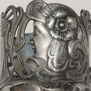 Antique Art Nouveau German Wmf Silver Plated Pewter Tea Glass Cup Holder Maiden