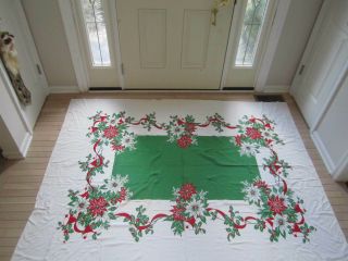 Christmas Table Cloth Wreaths Bells And Red Poinsettias 59.  5 " X 7 Large Vtg