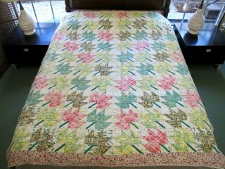 Full Vintage Hand Pieced & Quilted Feed Sack Borders Maple Leaf Quilt; Good