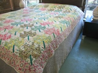 FULL Vintage Hand Pieced & Quilted Feed Sack Borders MAPLE LEAF Quilt; Good 2