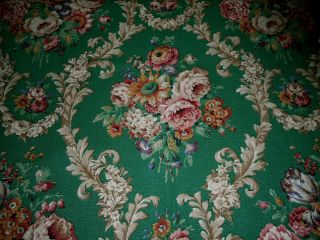Vintage English Floral Roses Barkcloth Fabric Emerald Green Rose Pink Blue