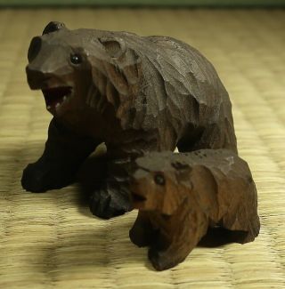 Small Wooden Figure / Hokkaido Bear And Cub / Japanese / Vintage