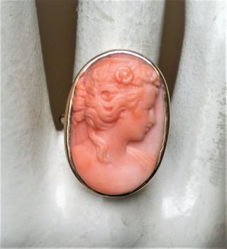 Antique Victorian 14k Yellow Gold Carved Angel Skin Pink Coral Lady Cameo Ring