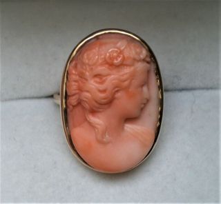 Antique Victorian 14K Yellow Gold Carved Angel Skin Pink Coral Lady Cameo Ring 2