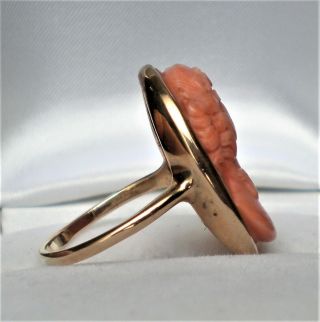 Antique Victorian 14K Yellow Gold Carved Angel Skin Pink Coral Lady Cameo Ring 3
