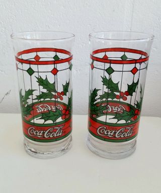 Set Of 2 Vintage Coca - Cola Christmas Holly & Berries Glasses 12 Oz.