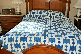 Antique Calico Quilt Indigo /cadet Blue Hand Quilted Outstanding Work 69 X 80