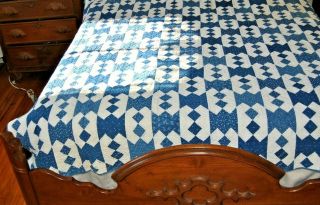 Antique Calico Quilt Indigo /Cadet Blue Hand Quilted OUTSTANDING Work 69 x 80 2