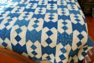 Antique Calico Quilt Indigo /Cadet Blue Hand Quilted OUTSTANDING Work 69 x 80 3